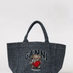 GANNI Denim Large Bear Tote Bag In Organic Cotton Tweed
