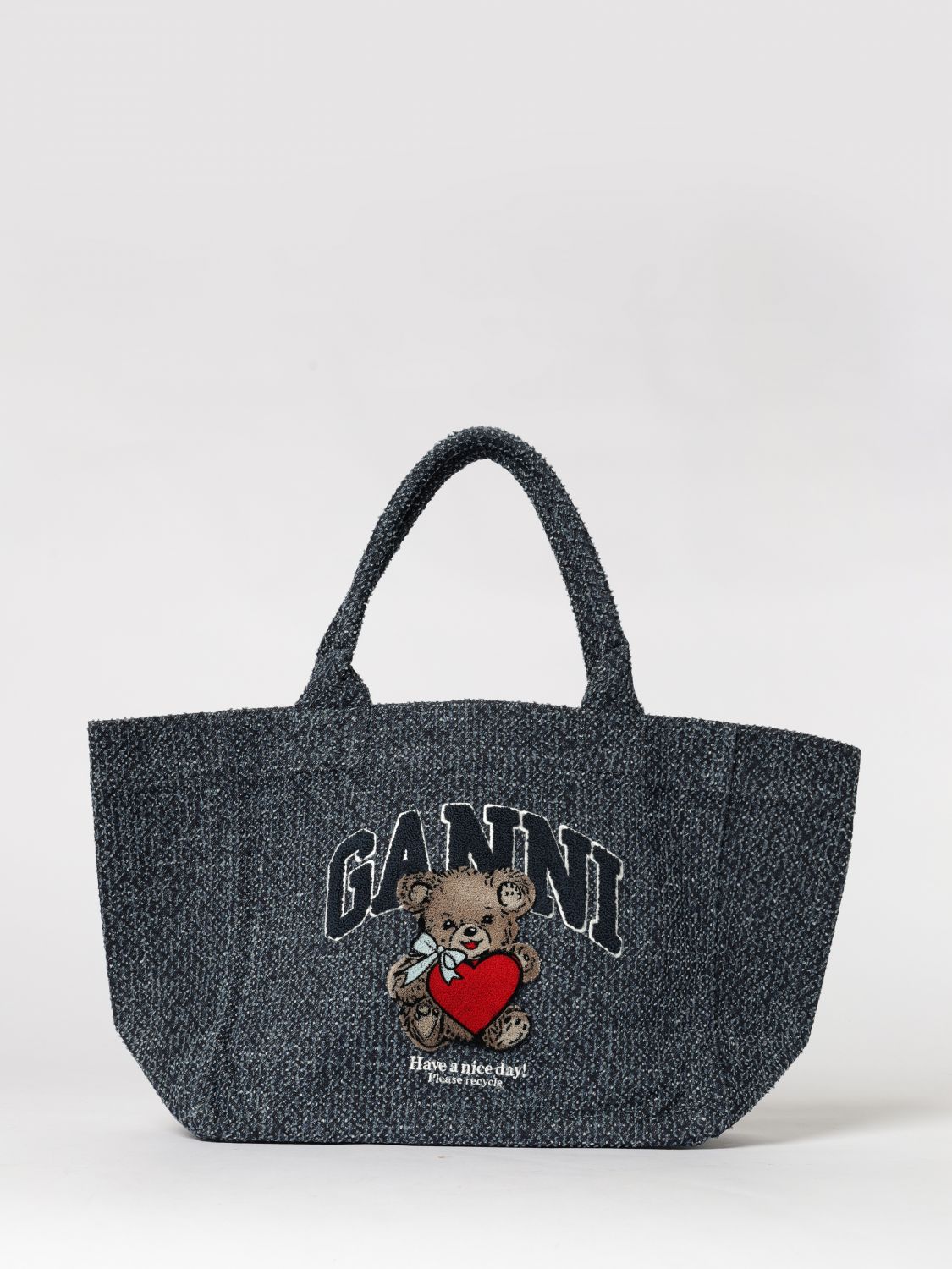 GANNI Denim Large Bear Tote Bag In Organic Cotton Tweed