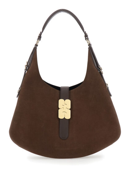 Ganni Kat Large Brown Shoulder Bag With Butterfly Plaque On Front In Suede Women - Women