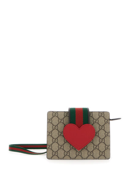 Gucci Kids Beige Handbag With Gg Canvas And Heart Detail Cotton Blend Girl Polyurethane Polyester Hand Bags - Kids