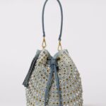 LA CARRIE Denim Bucket Bag with Metal Eyelets and Rhinestones