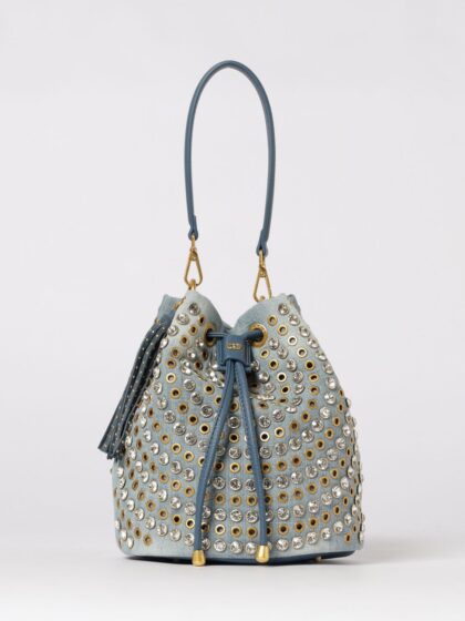 LA CARRIE Denim Bucket Bag with Metal Eyelets and Rhinestones