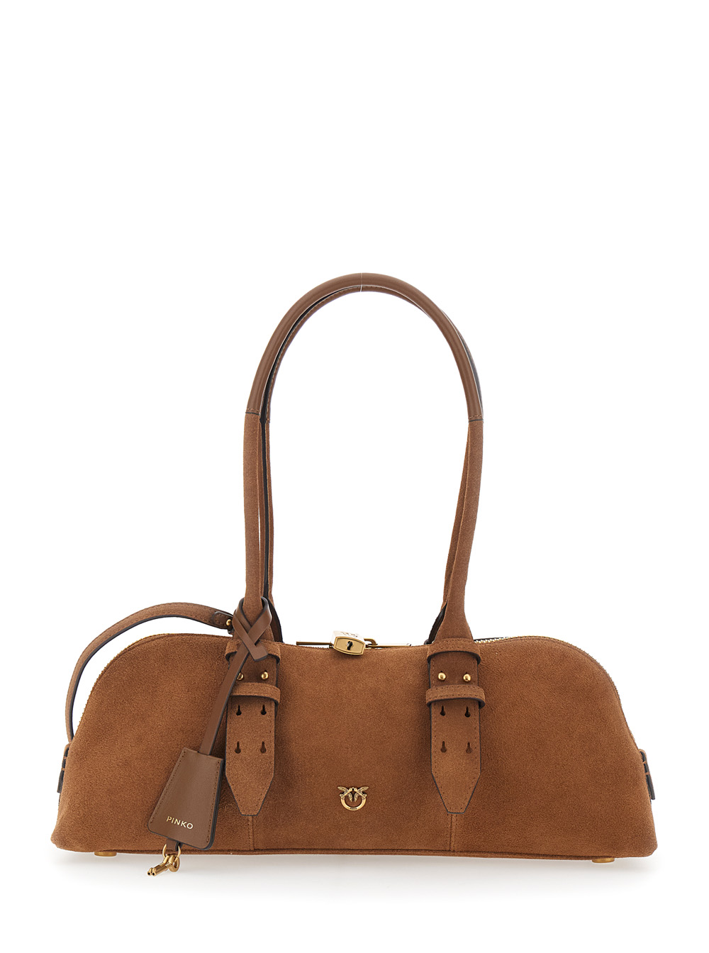 Pinko Large Bowling Horizontal Shoulder Bag with Adjustable and Removable Strap Brown Leather Lock Detail for Women - Women