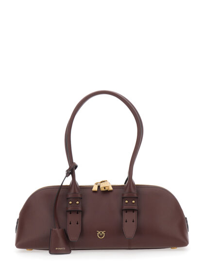 Pinko Large Bowling Horizontal Shoulder Bag with Adjustable and Removable Strap Brown Leather Lock Detail for Women Calf - Women