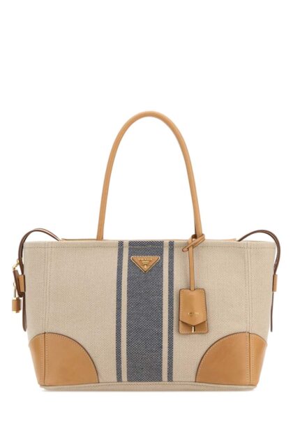 Prada Sand Canvas Large Shopping Bag Naturale+baltico Borse A Mano - Women