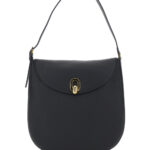 Savette Shoulder Bag Tondo with Adjustable Strap and Logo Plate on the Front Black Calf - Women