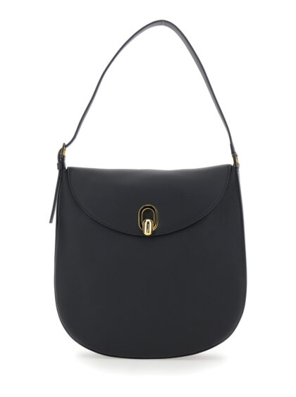 Savette Shoulder Bag Tondo with Adjustable Strap and Logo Plate on the Front Black Calf - Women