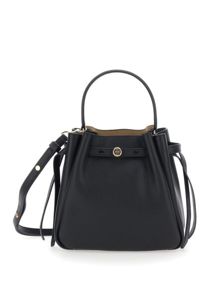 Tory Burch Bucket Bag Romy With Adjustable Strap And Logo Plate On Front Grained Black Leather For Women Cow Hand - Women