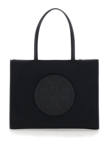Tory Burch Ella Small Tote Bag with Two Top Handles and Maxi Logo Printed on Front in Black Fabric for Women Nylon - Women