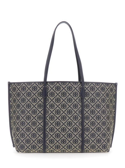Tory Burch PERRY T MONOGRAM TOTE Blue with Logo Cotton Women Blu Polyester Bags - Women