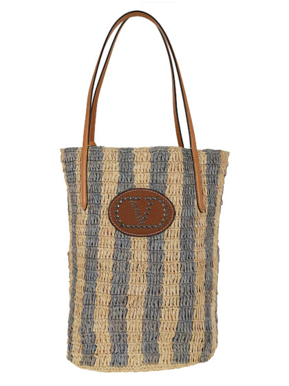 Valentino Garavani Bucket Bag Vlogo Signature Crochet Rafia Stripes-Vac. liscia-Vit. st. Nude & Neutrals Borsa - Women