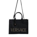 Versace Black Top Handle Canvas Leather Logo Crossbody Tote Bag - Women