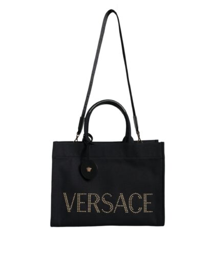 Versace Black Top Handle Canvas Leather Logo Crossbody Tote Bag - Women