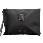 Versace Large Black Nylon Fabric Medusa Convertible Pouch Clutch Wristlet Bag Silver - Women