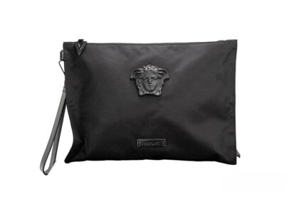 Versace Large Black Nylon Fabric Medusa Convertible Pouch Clutch Wristlet Bag Silver - Women