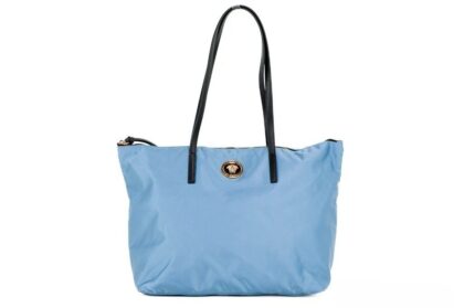 Versace Portuna Medusa Medium Cornflower Blue Nylon Leather Tote Bag Purse Gold - Women