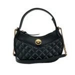 Versace Quilted Black Leather Half Moon Chain Crossbody Bag Gold - Women