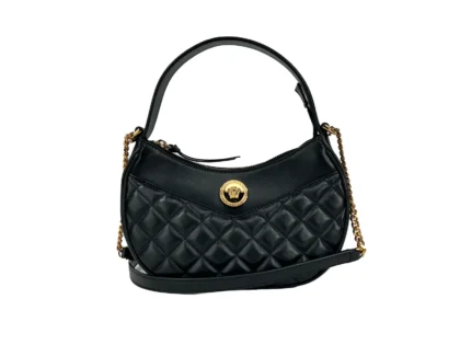 Versace Quilted Black Leather Half Moon Chain Crossbody Bag Gold - Women