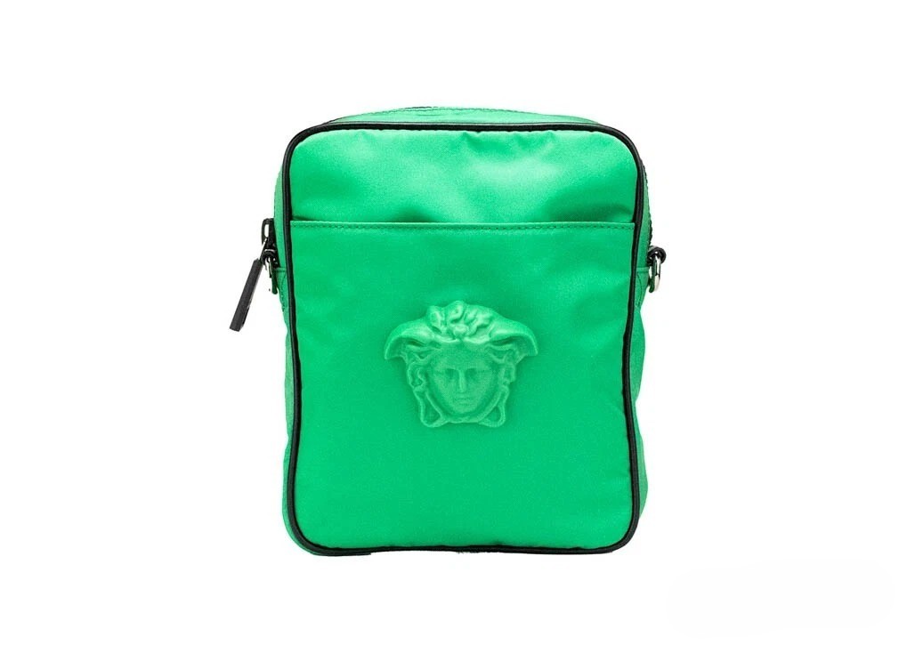 Versace Small Bright Green Nylon Fabric Medusa Crossbody Messenger Bag Purse Black - Women