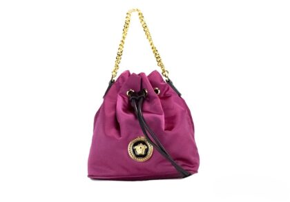 Versace Small Dahlia Nylon Medusa Pendant Bucket Chain Crossbody Bag Purse Gold Leather - Women