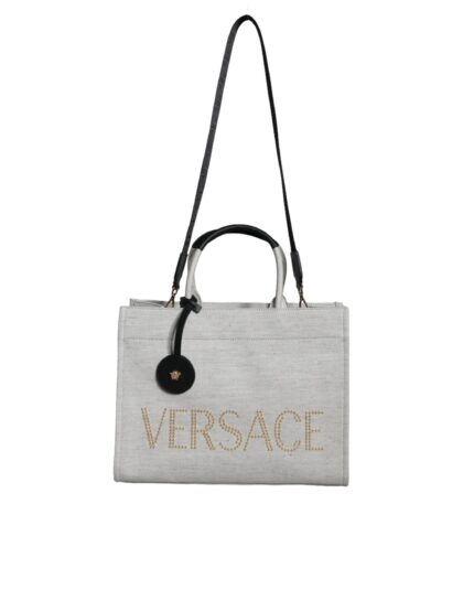 Versace White Top Handle Canvas Leather Logo Crossbody Tote Bag Black/white - Women