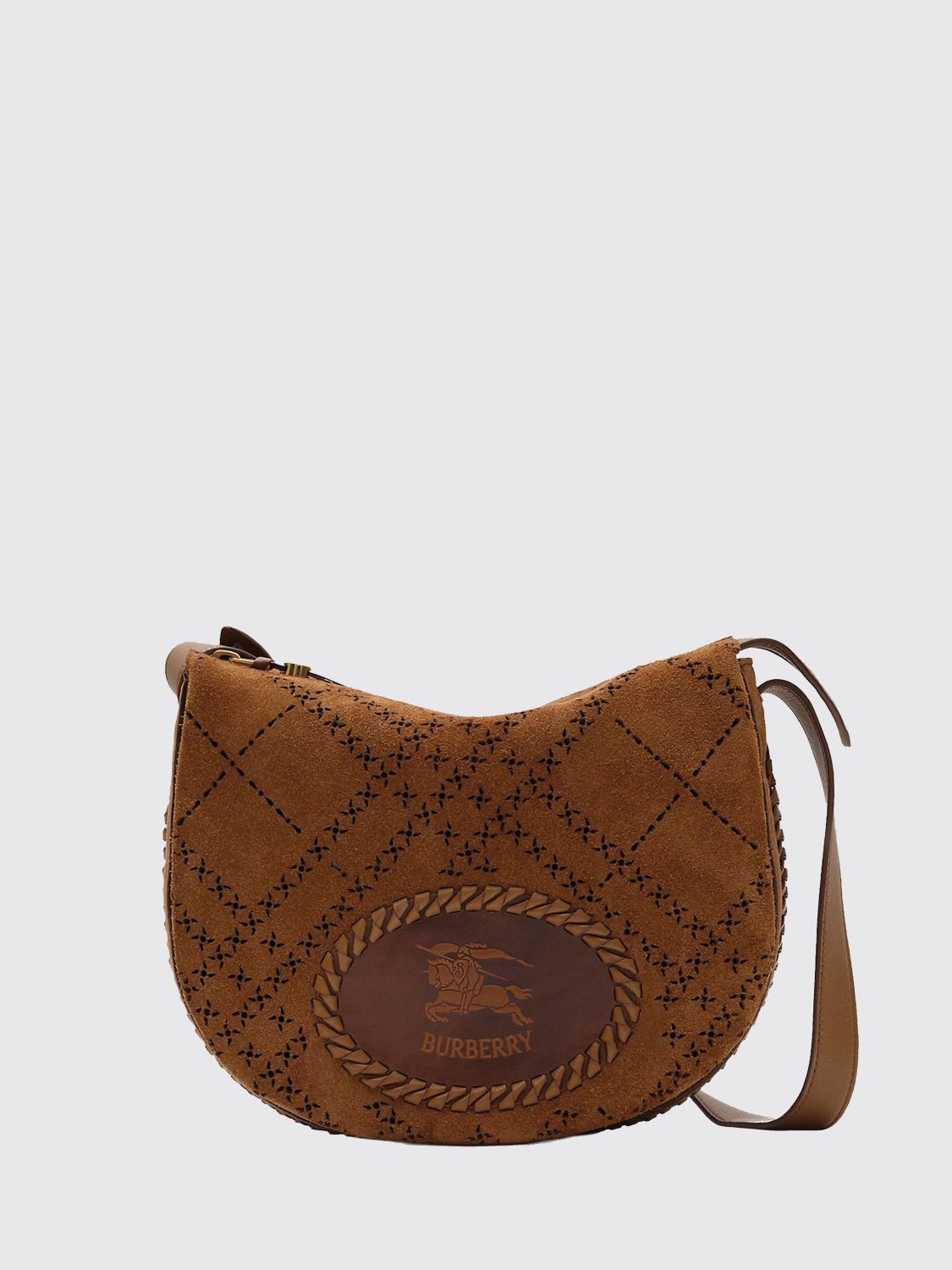 BURBERRY Tavistock Suede Crossbody Bag with Perforated EKD Logo