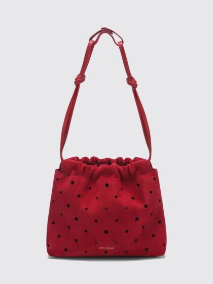 MANU ATELIER Romy Polka-Dot Suede Bucket Bag with Drawstring Closure