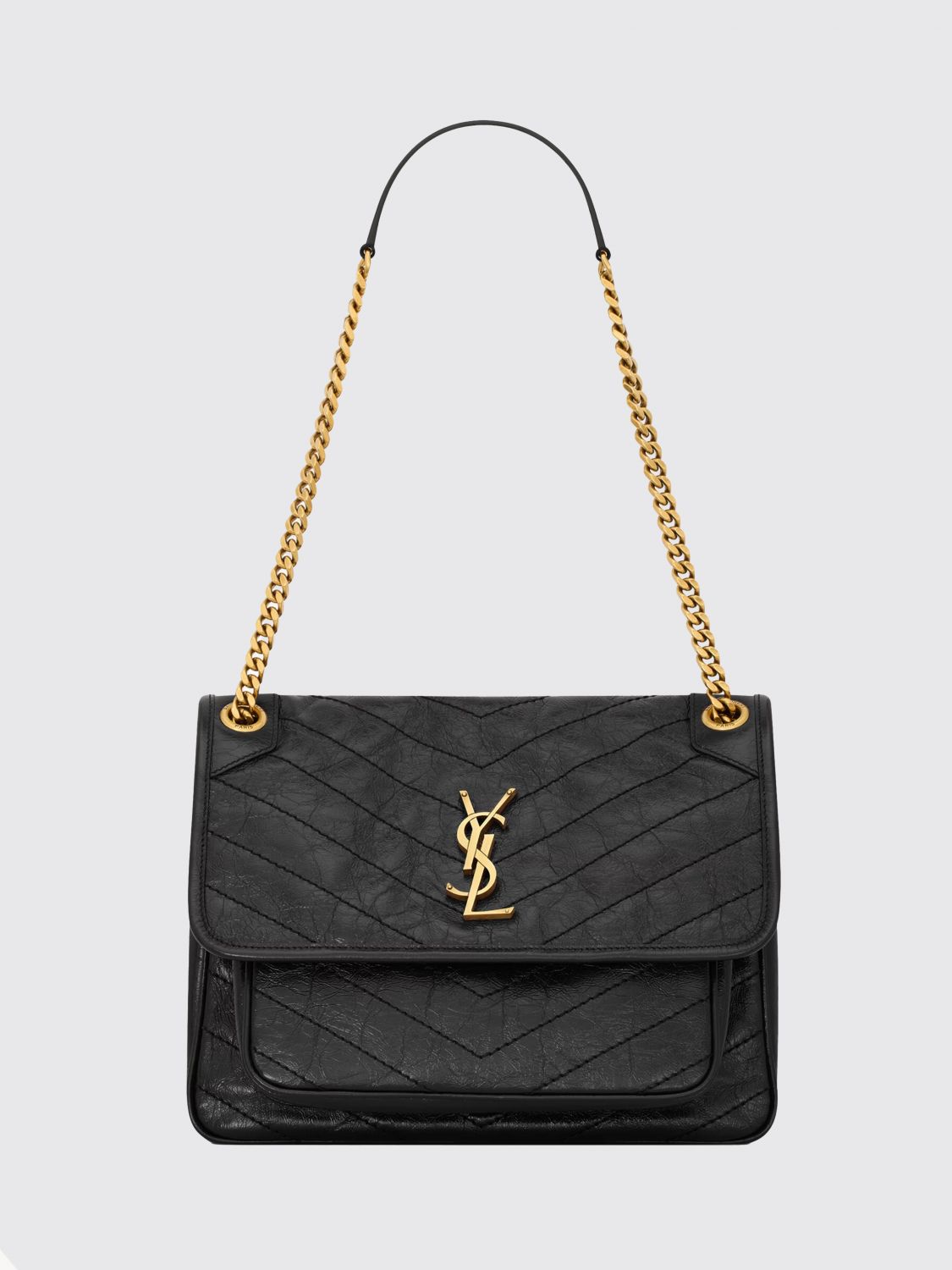 SAINT LAURENT Niki Chevron Quilted Leather Shoulder Bag with YSL Monogram