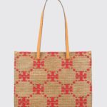TORY BURCH T Monogram Shoulder Bag in Raffia with Jacquard Logo and Double Leather Handles