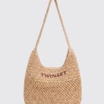 Twinset Crochet Raffia Crossbody Bag with Braided Strap and Embroidered Logo