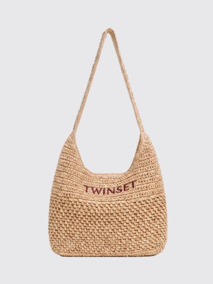 Twinset Crochet Raffia Crossbody Bag with Braided Strap and Embroidered Logo