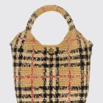 BURBERRY Margate Mini Vintage Check Tote Bag in Raffia with Removable Strap