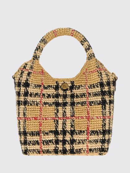 BURBERRY Margate Mini Vintage Check Tote Bag in Raffia with Removable Strap