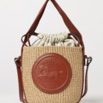 CHLOÉ Horse Medal Mini Bucket Bag in Two-Colour Raffia with Shoulder Strap