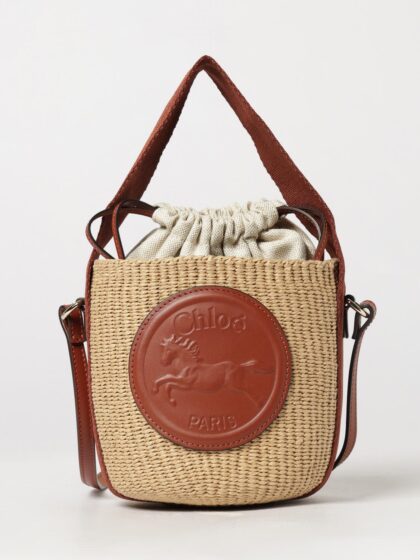 CHLOÉ Horse Medal Mini Bucket Bag in Two-Colour Raffia with Shoulder Strap