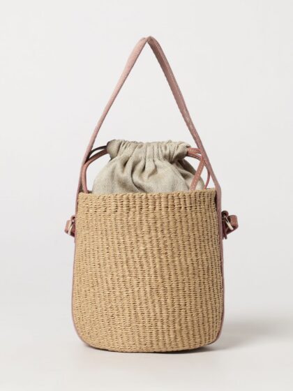 CHLOÉ Woody Mini Bucket Bag in Raffia with Jacquard Logo