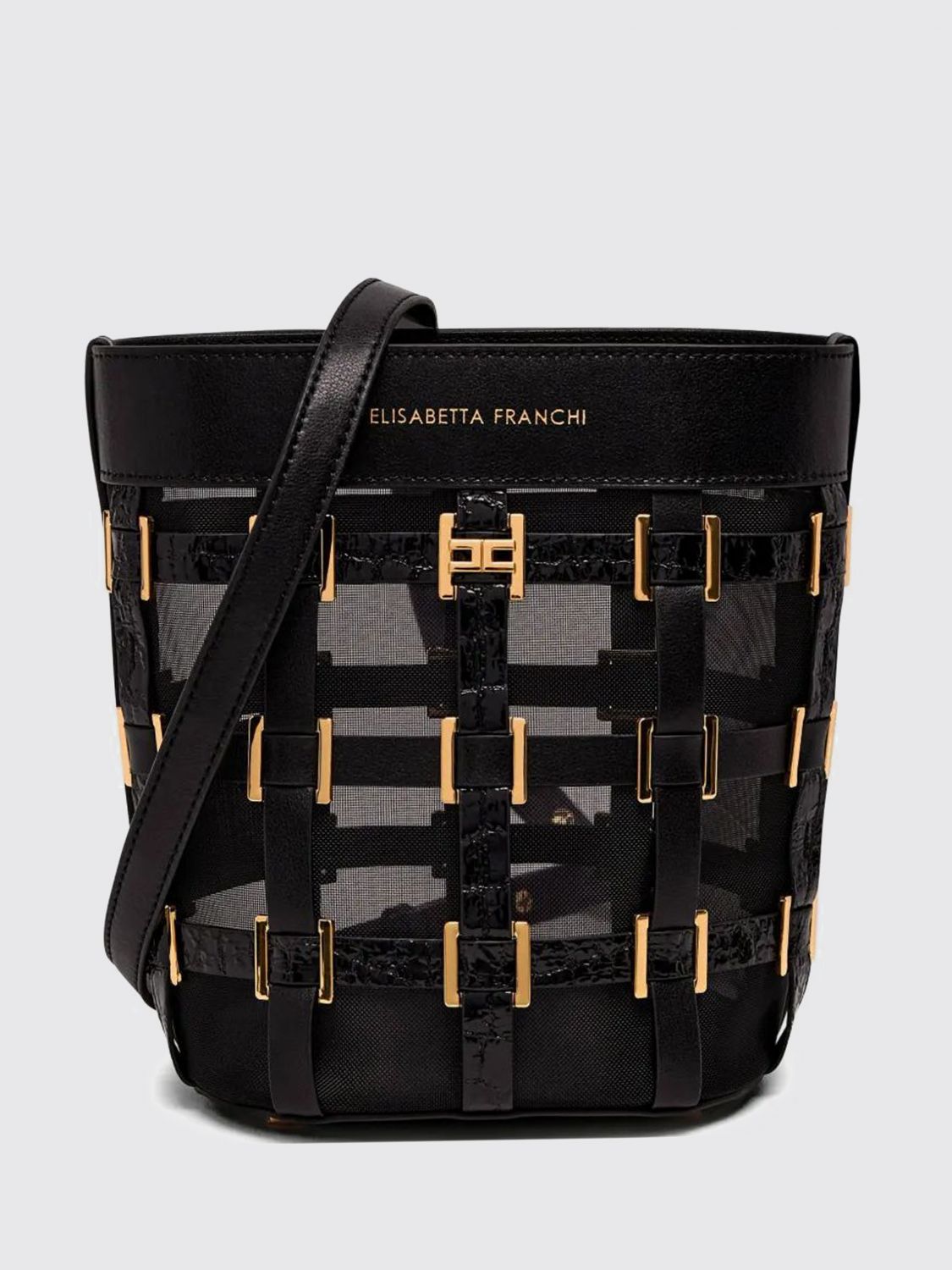 ELISABETTA FRANCHI Mesh Bucket Bag with Embroidery and Internal Pouch