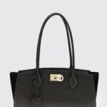 FERRAGAMO Medium Studio Shoulder Bag in Hammered Leather with Gancini Logo