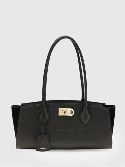FERRAGAMO Medium Studio Shoulder Bag in Hammered Leather with Gancini Logo