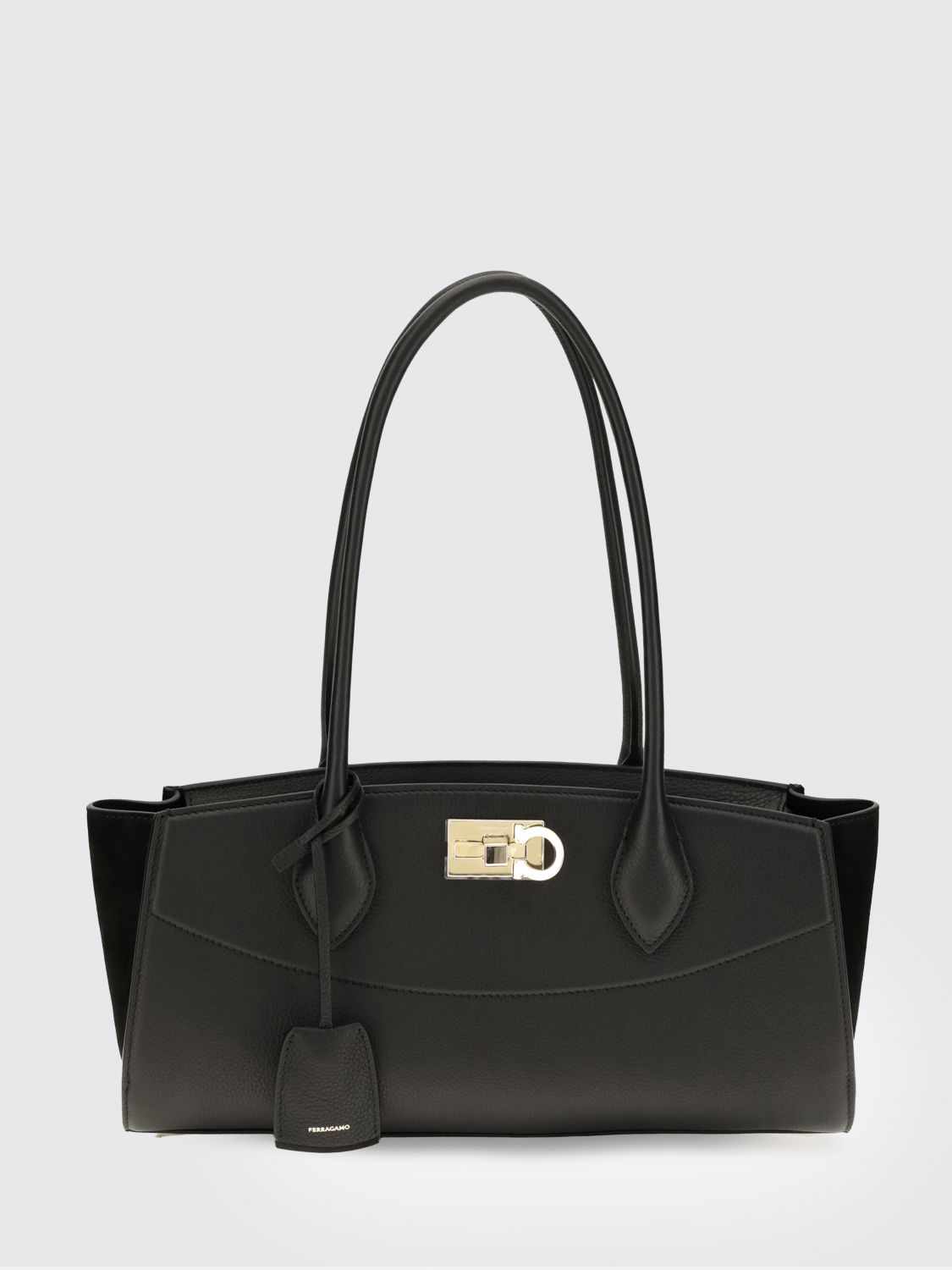 FERRAGAMO Medium Studio Shoulder Bag in Hammered Leather with Gancini Logo