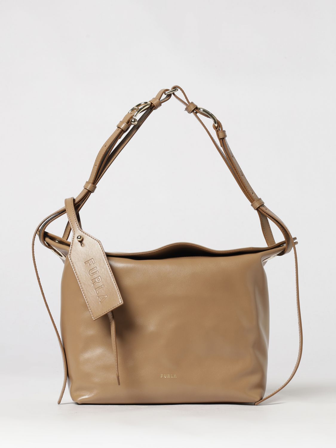 FURLA Ginevra Smooth Leather Shoulder Bag with Logo Charm