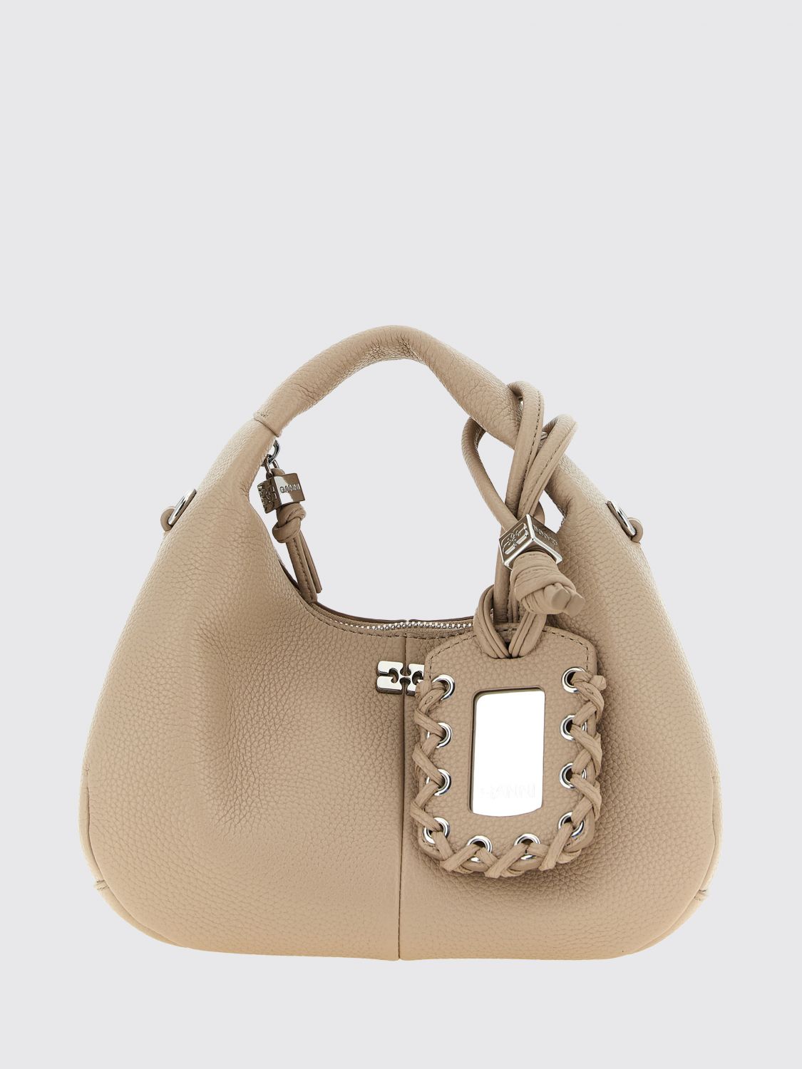 GANNI Mini Beige Recycled Leather Hobo Bag with Butterfly Logo and Charm