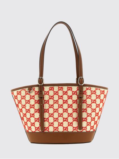 GUCCI Raffia Shoulder Bag with Embroidered GG Monogram and Double Handles