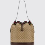 GUCCI Venice GG Jacquard Fabric Bucket Bag with Leather Handle