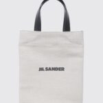 JIL SANDER Logo Print Jute and Cotton Tote Bag with Leather Handles