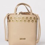 JUST CAVALLI Grained Faux Leather Bucket Bag with Metal Eyelets
