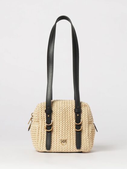 PINKO Raffia Mini Shoulder Bag with Double Leather Handle