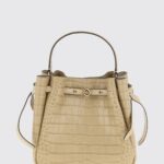 TORY BURCH Romy Mini Bucket Bag in Croc-Embossed Leather with Woven Details