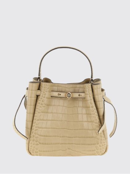TORY BURCH Romy Mini Bucket Bag in Croc-Embossed Leather with Woven Details
