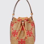 TORY BURCH T Monogram Mini Raffia Bucket Bag with Jacquard Logo